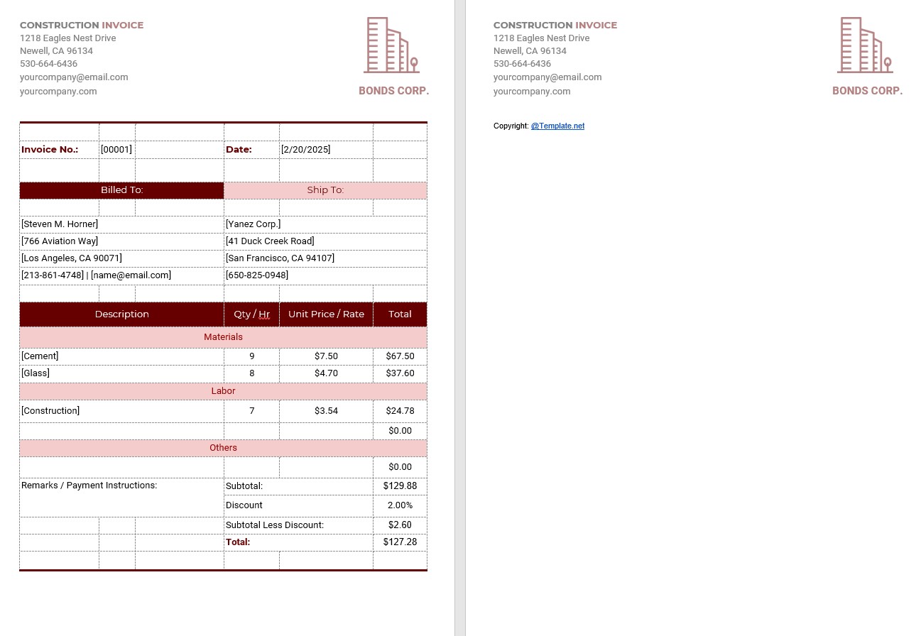 Simple Construction Invoice Template PSD template